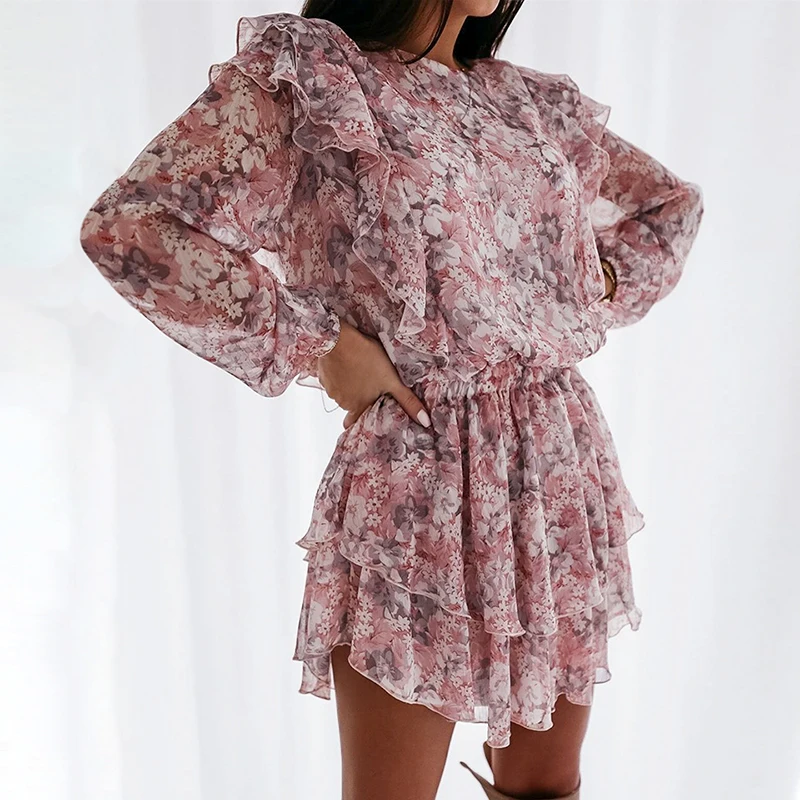 Женское шифоновое платье с цветочным принтом элегантное пляжное мини