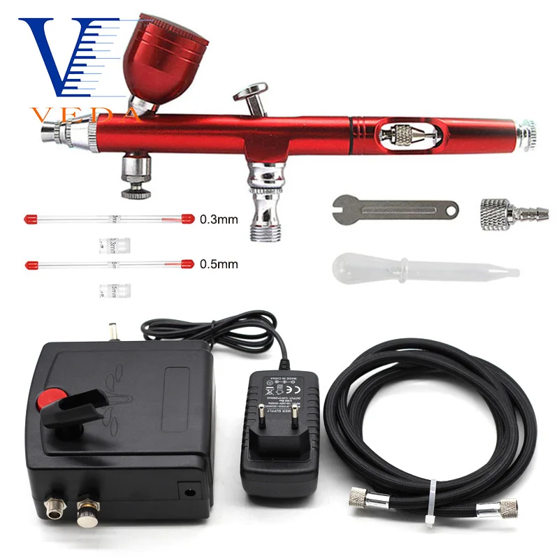 Dual-Action Airbrush Compressor Kit 0.2/0.3mm Air Brush Spray Gun Cleaning Tool For Makeup Nail Paint Tattoo Body Car Decoration