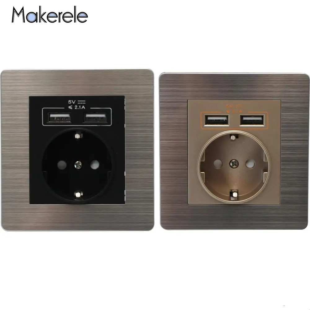 16A EU Standard Wall Power Socket Dual USB Charger Port For Mobile Adapter Outlet PC Stainless Steel Brushed Aluminum Panel Plug