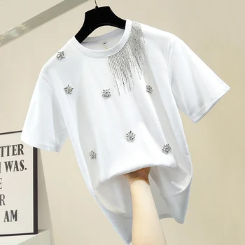 

White T-shirt Woman Tassels Chain Handmade Diamond Stereo Flower Short Sleeve T-shirt Girls Ladies Loose-Fit Casual Tops T Shirt