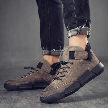 

High-Top Sneakers flat Shoes For Men NEW Brand High quality men boots all Black Men's leather casual flats shoes 2019 new