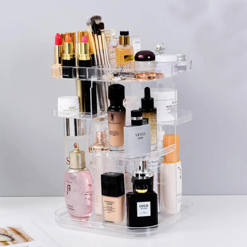  360-degree Rotating Cosmetic Storage Box Make-up Organizer Adjustable Transparent Storage Box Doubl