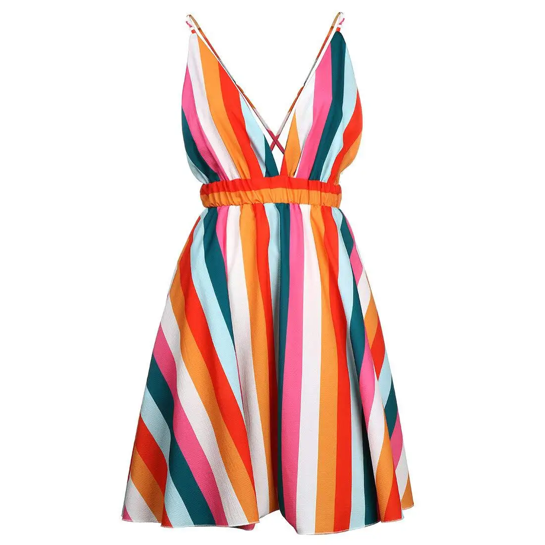

Summer Dresses Sexy Colorblock Striped Suspender Backless Dress for Beach Women Long for Party Mixed Color England Style fashion