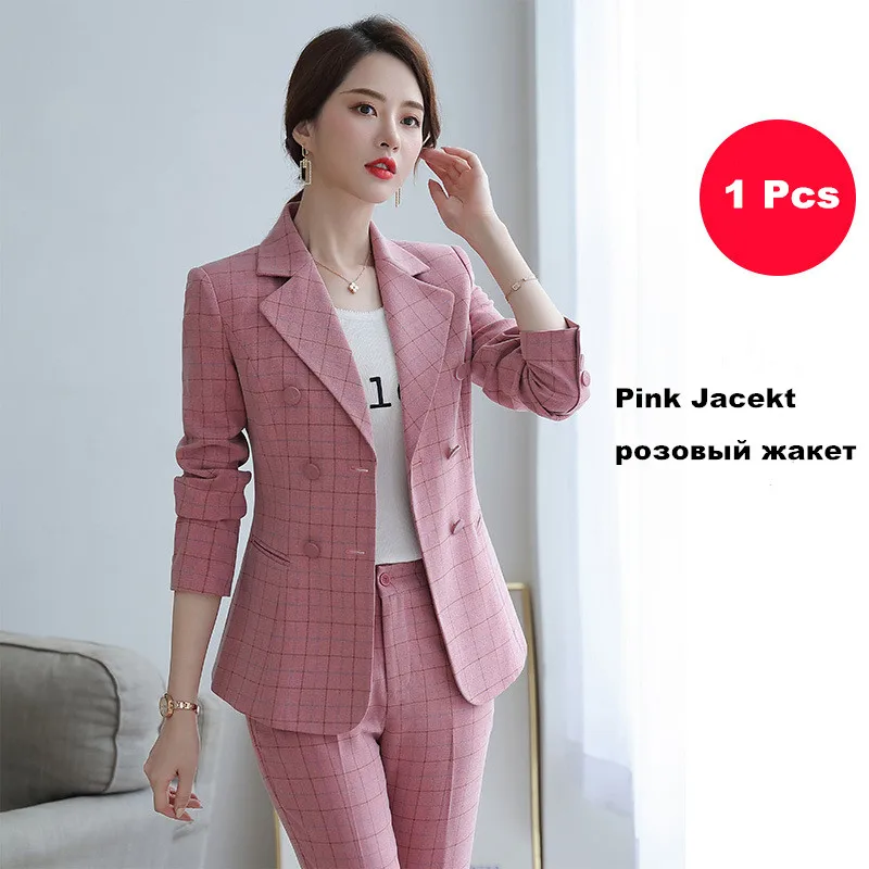 pink jacket Женский костюм брючный костюм розовый хаки клетчатый длинный рукав двубортный пиджак+ длинные брюки комплект из 2 предметов гостиничная рабочая одежда 80322 - Цвет: pink jacket