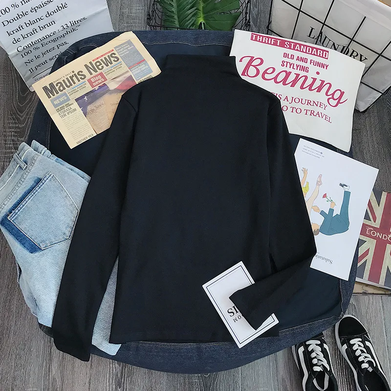 Tricou cu mânecă lungă pentru femei, lenjerie intimă de bază, guler înalt, tricouri pentru femei, casual, bază solidă, tricou, maieu, topuri, negru846_voghion.com