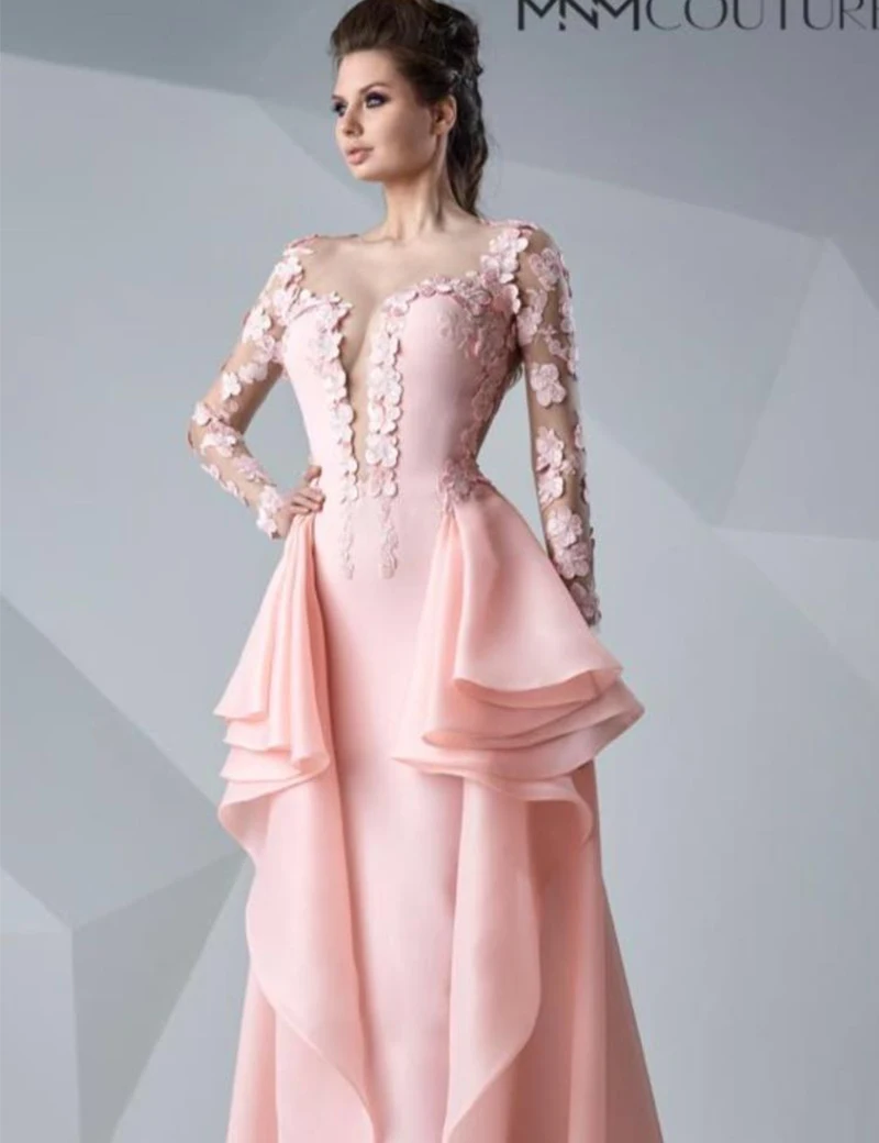 Платье для матери невесты из Саудовской Аравии с длинным рукавом, круглым вырезом и оборками, элегантное розовое длинное вечернее платье с открытой спиной Abendkleider