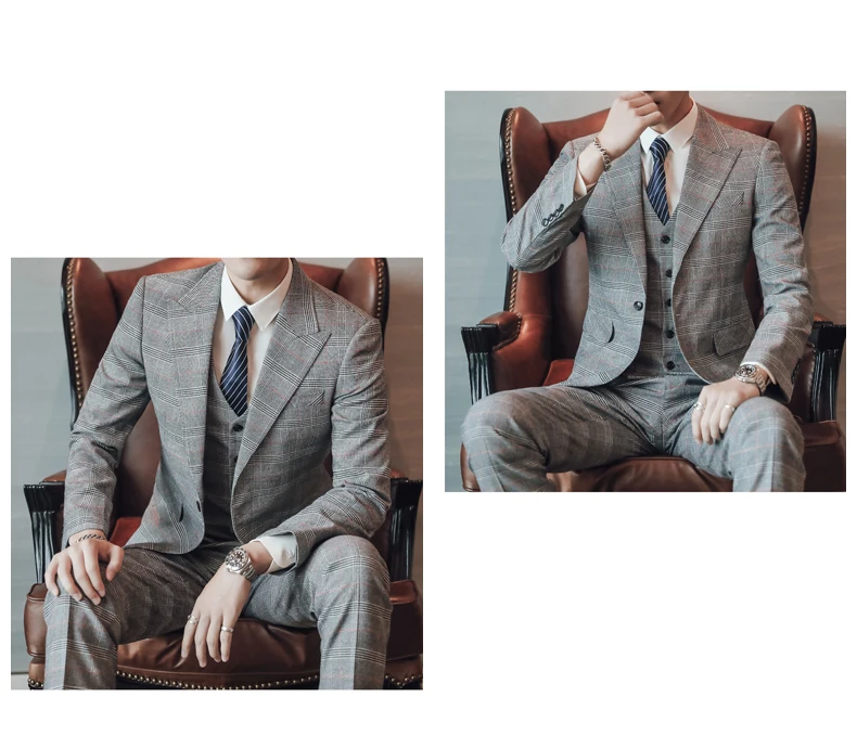 Пиджак+ жилет+ брюки) мужской модный тонкий свадебный костюм/клетчатый S-5XL костюм большого размера/мужской костюм из 3 предметов