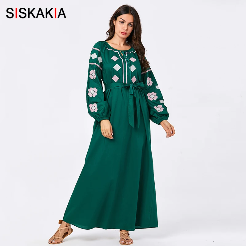 

Siskakia Elegant Ethnic Embroidery Long Dress High End Green Round Neck Long Sleeve Casual Maxi Dresses Plus Size Autumn 2019