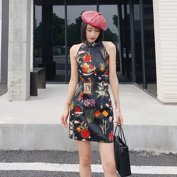 

2020 casual women chinese style floral printing dress cheongsam elegant loose lady cotton linen short sleeve qipao dress