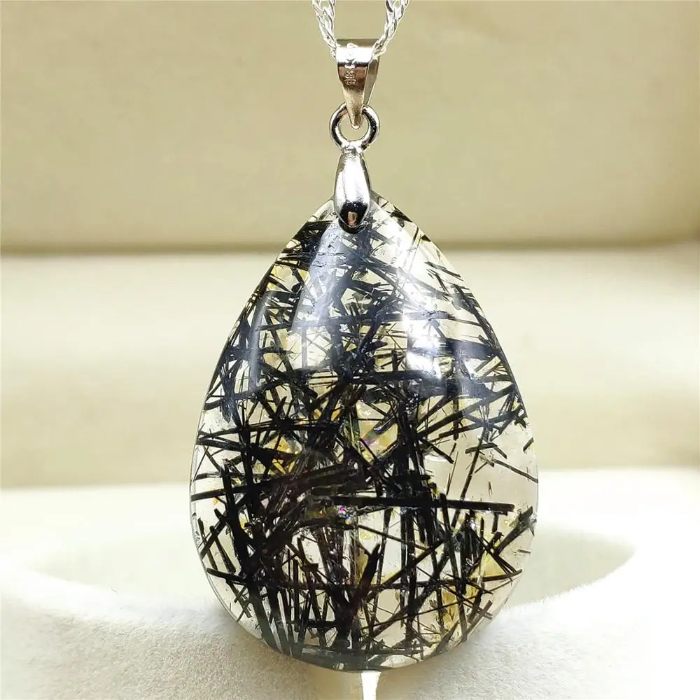 

Genuine Natural Black Rutilated Quartz Pendant Gemstone Party Gift 35x24x7mm Crystal Water Drop Accessories Stone Pendant AAAAA
