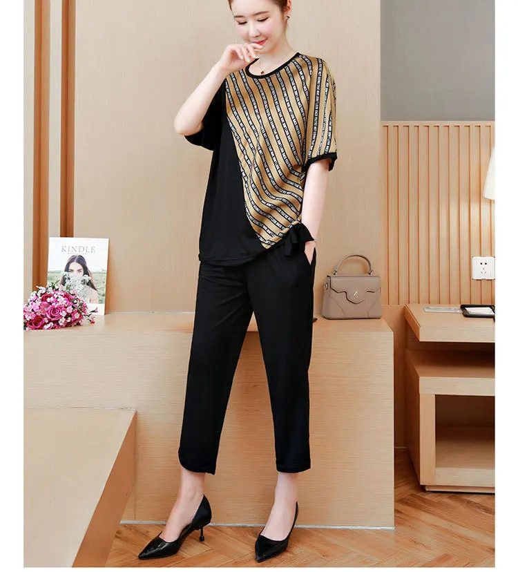 Комплект из 2 предметов размера плюс, большой 3XL, 4XL, 5XL, спортивный костюм для женщин, комплект в полоску, комплект из штанов и топа, летние костюмы