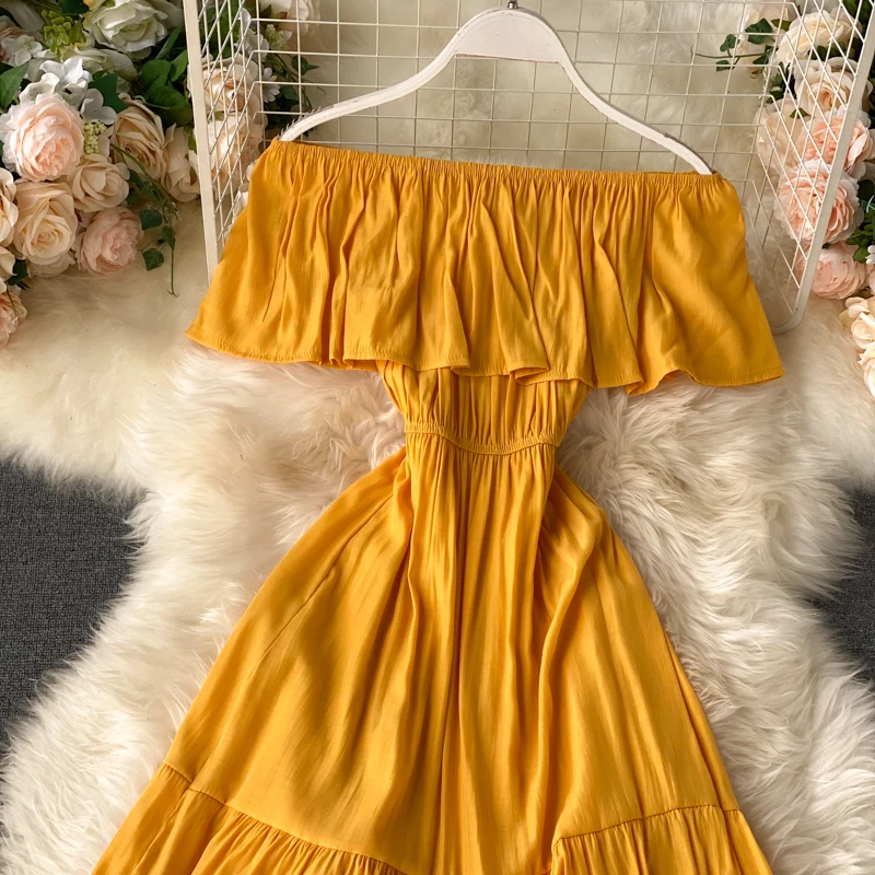 SINGRAIN Women Summer Off Shoulder Maxi Dress Solid Ruffles Dress Elegant Romantic A-Line Dress Korean Sexy Slash Neck Long Robe