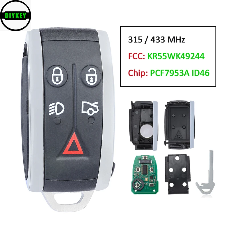 

Пульт дистанционного управления DIYKEY для автомобиля, 5 кнопок для Jaguar XF XFR XK XKR 2009-2013 315/433MHZ ID46 7945 чип FCC: KR55WK49244 бесключевой доступ