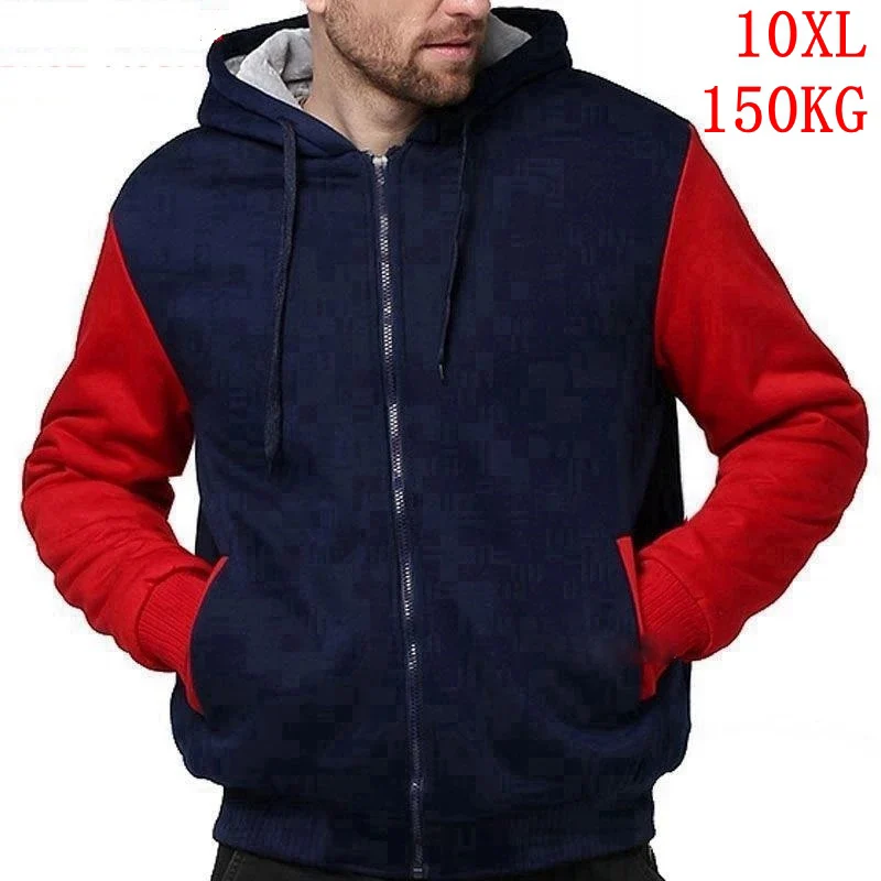 Men's large size jacket 7XL 8XL 9XL 10XL autumn and winter long-sleeved hoodie zipper thickening fleece warm blue red color matc