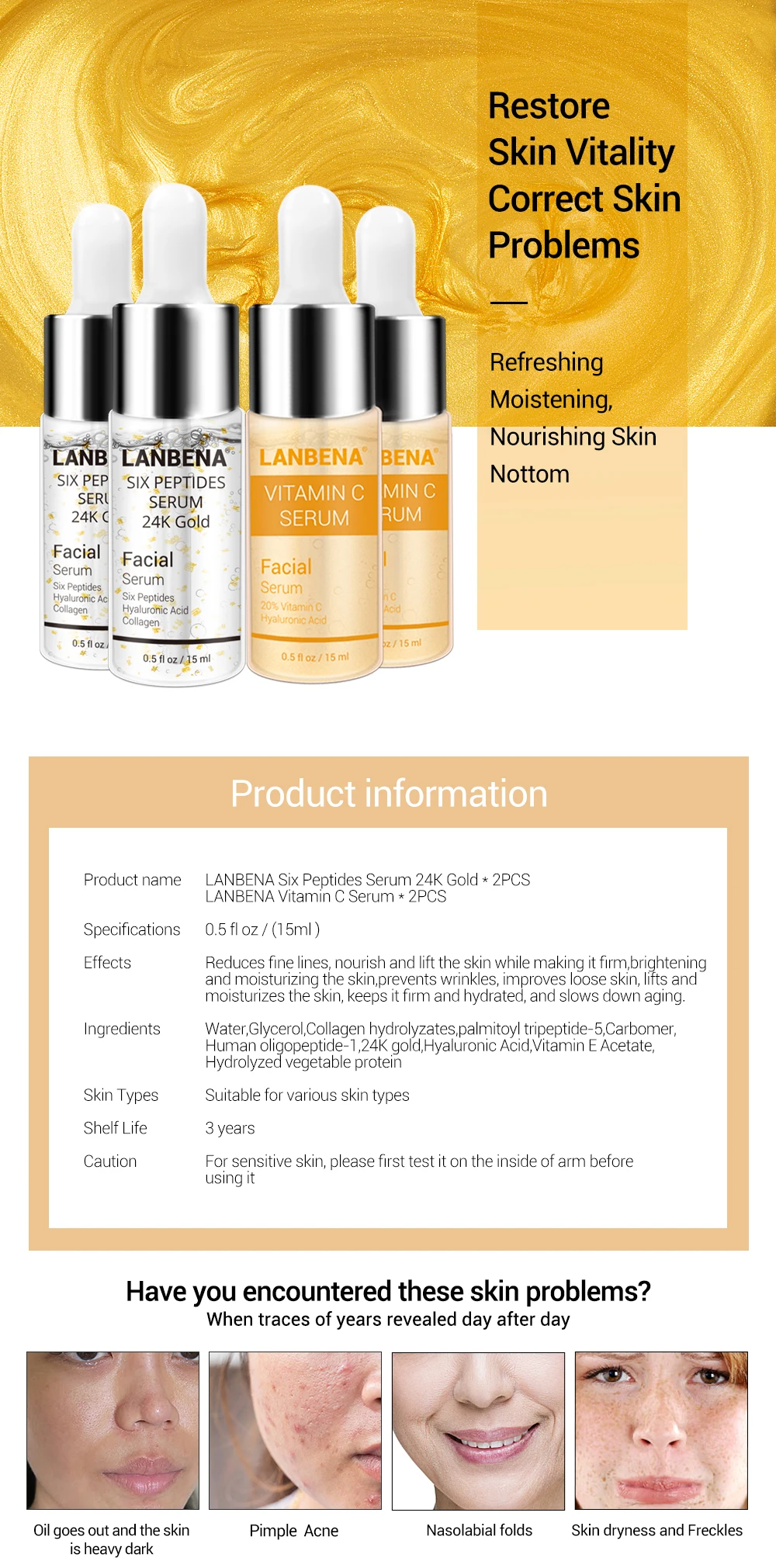 LANBENA витамин C Сыворотки + шесть сыворотка с пептидами 24 K золото Anti-Aging Увлажняющий уход за кожей отбеливание ярче Красота 4 шт