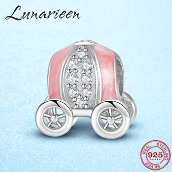 

Cindy Princess Pumpkin Cart Charms 925 Sterling Silver Pink Enamel Clear CZ Beads fits Original European Bracelets DIY Jewelry