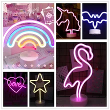 Lampe LED en forme de flamant rose en signe de néon, veilleuse USB, luminaire décoratif de vacances, fête de noël, mariage, cadeau pour la maison, licorne, cœur