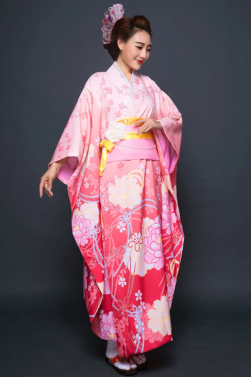 Женское кимоно халат традиционная Япония юката розовый цвет цветы принты Летнее платье одежда для выступлений косплей одежда