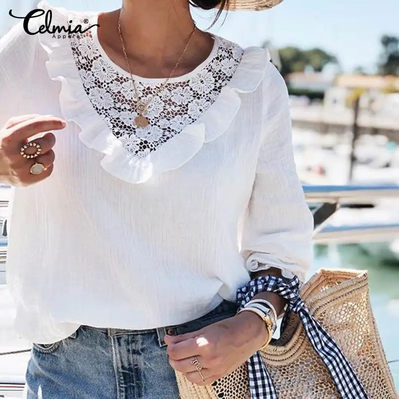 

Women Long Sleeve Blouses Celmia 2019 Autumn White Lace Shirts Casual Loose Cotton Linen Top Vintage Embroidery Blusas Plus Size