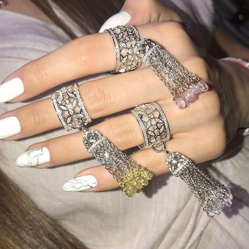 SOELLE Solid 925 Sterling Silver Colorful Crystal Hollow Flower Tassel Ring with Blue Pink Yellow White Stone Women Fine Jewelry | Украшения