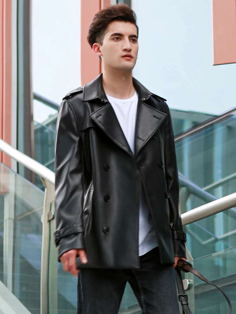 Leather windbreaker men\'s double breasted short men\'s leather jacket British handsome youth trend thickened wool inner coat men