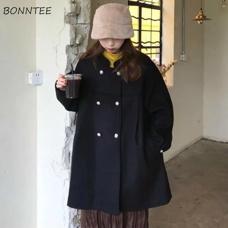 Women Wool Black Solid Double Breasted 