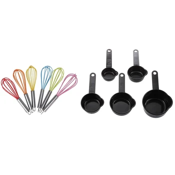 

5 Piece Black Plastic Measuring Cup Measure & 1x Handle Whisk Silicone Kitchen Mixer Balloon Wire Egg Beater Tool