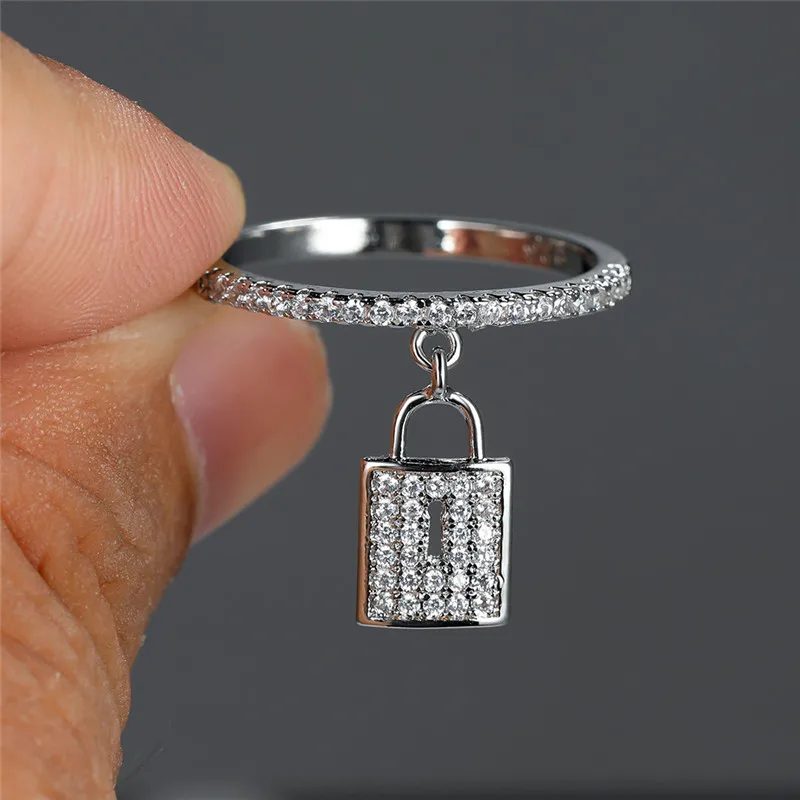 Luxury female crystal lock pendant ring trendy gold silver color engagement jewelry charm white zircon wedding rings for women crystal rings engagement rings zircon rings stone rings fashion rings gold rings wedding rings fashion ring finger rings metal rings