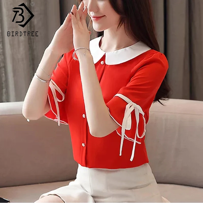 

2020 Summer New Women's Korean Style Chiffon Blouse Peter pan Collar Flare Sleeve Drawstring Female Shirt Loose Tops T04311K