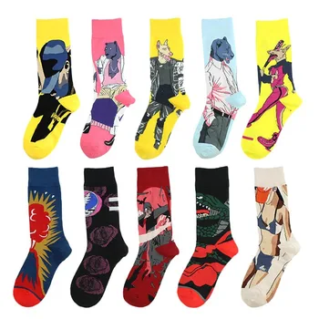 

Men's Funny Cartoon Halajuku humored socks Creative dinosaur Pattern Hip Hop Street Skateboard Basket ball Socks Unisex Crew