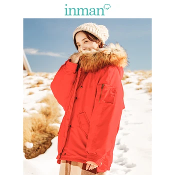 

INMAN Spring Autumn Female Hooded Big Fur Collar Loose Short Size Down Coat