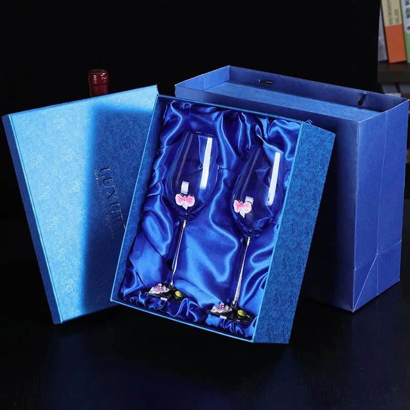 a pair With gift box Лилия Эмаль Кристалл чашка красное вино стекло высокого класса творческий комплект бокалов алмаз свадебный подарок Вечеринка день рождения банкет поставки - Color: a pair With gift box