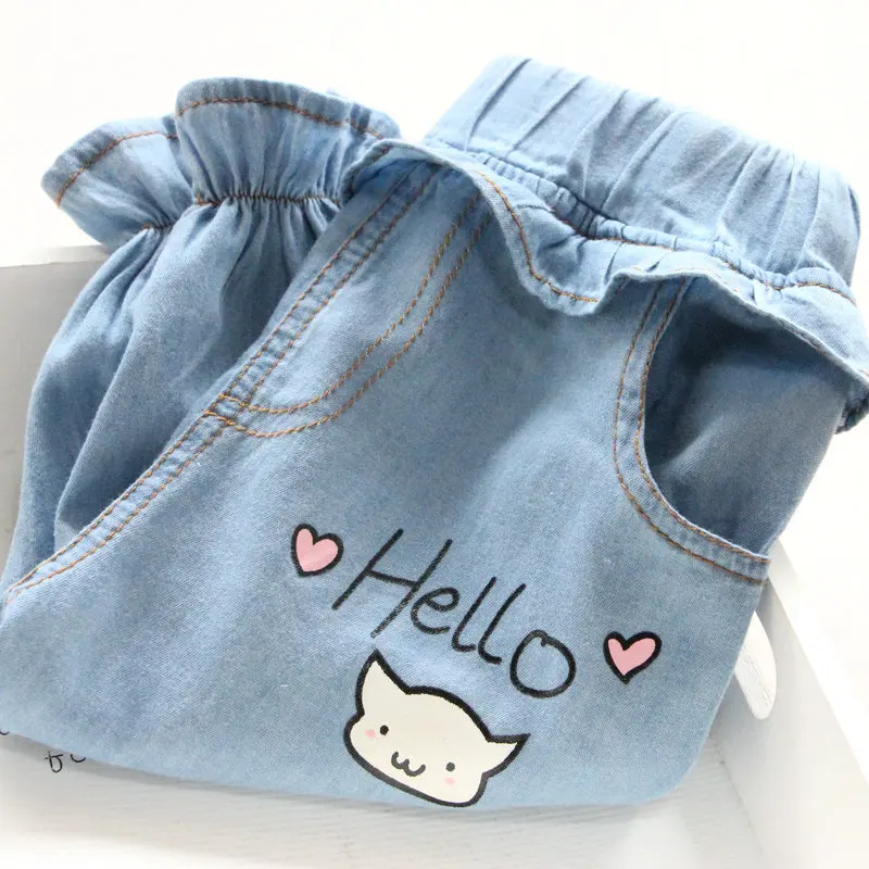 Korean-style Girls Super Soft Flounced Piggy Printed Bouquet Feet Knee-length Denim Shorts Capri Pants Crawler