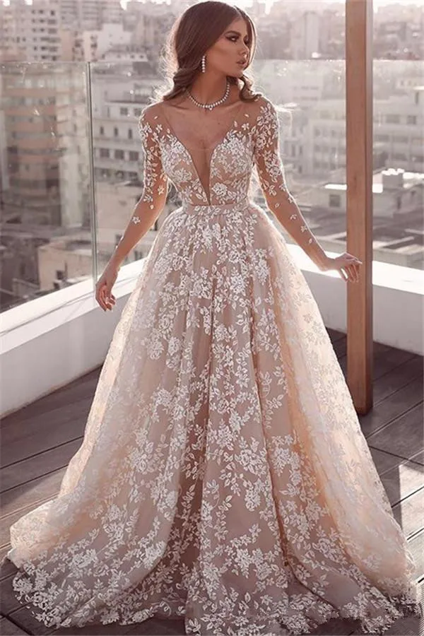 Великолепное 3D платье с кружевными аппликациями по всей длине рукава Свадебные платья A Line арабские прозрачные глубокий v-образный вырез подвенечные Свадебные платья Vestidos