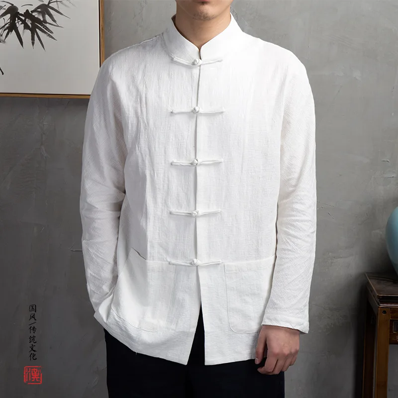 

Chinese-style Autumn And Winter New Style Flax Men Chinese Costume Stand Collar Shirt Retro Frog Loose Cotton Linen Long-sleeve