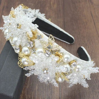 

Handmade White Yellow Luxury Baroque Tiara Headbands Women Big Flower Crystal Rhinestone Hairband Palace Crown Bohemia Headwear