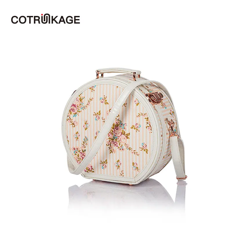 COTRUNKAGE маленькая круглая коробка в виде шляпы бежевый цветочный носить на багаж косметичка с ремешком