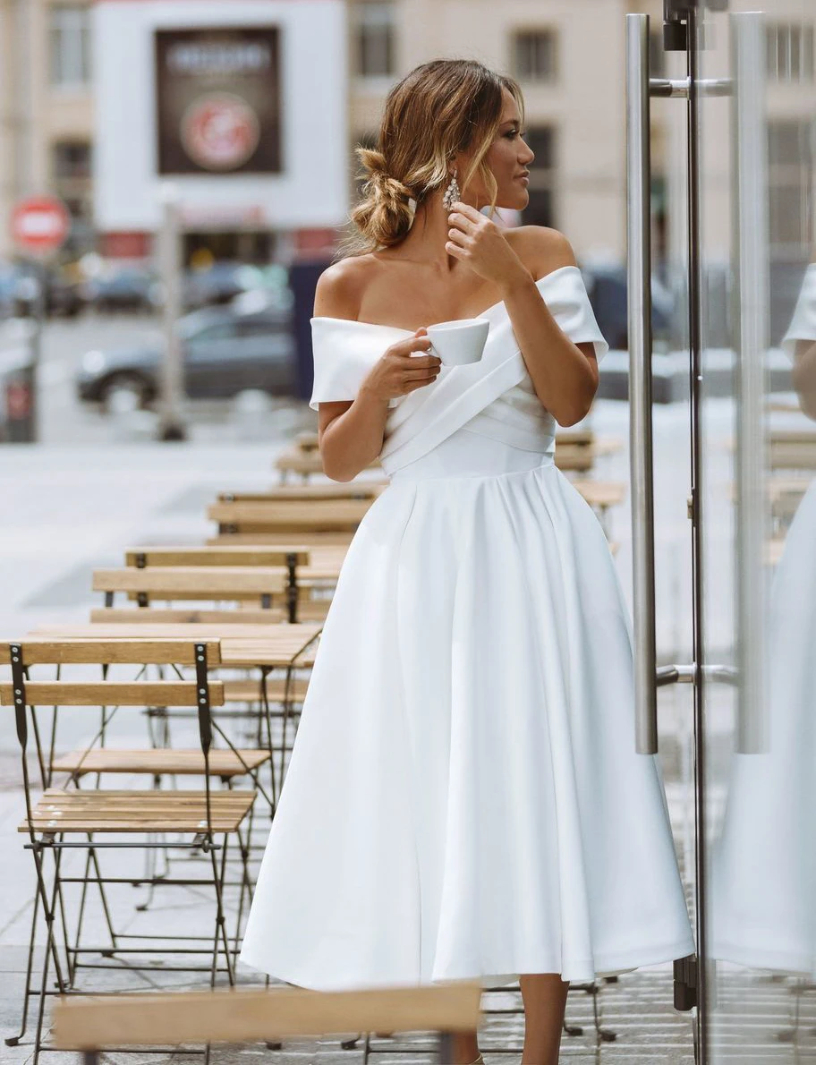 LORIE Simple Tea-length Wedding Dress Off the shoulder White Ivory Satin A-line Short Bride Gowns Beach Customized Wedding Gown 17 Hd82842fe7d9b4c208d781af256a8bf27u