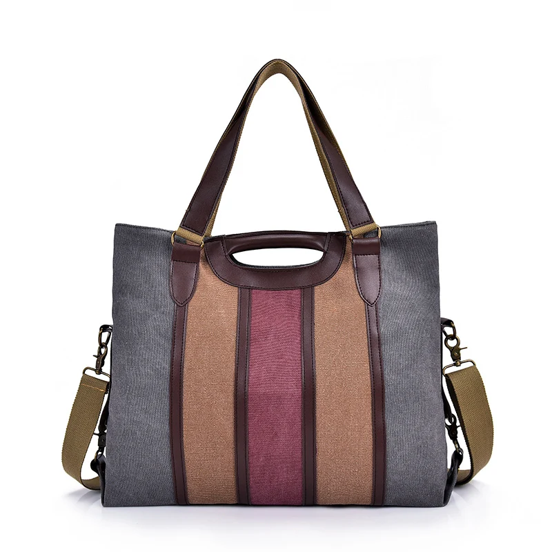 

Vintage Women's Canvas Handbags Patchwork Stripe Ladies Shoulder Messenger Bags Large Capacity Female Daily Travel Casual Tote