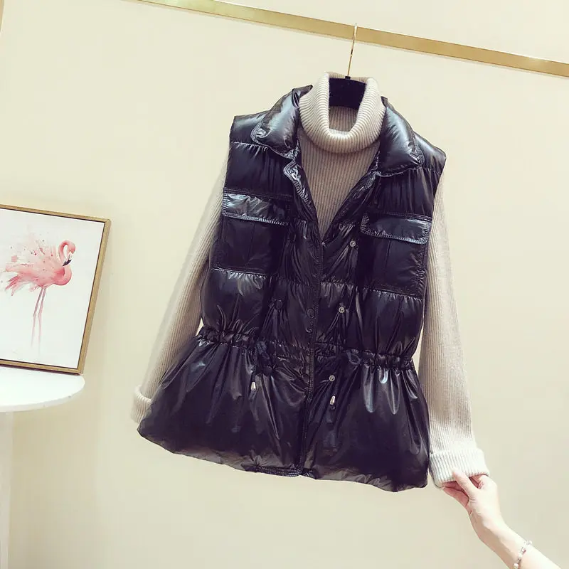 black vest Зимний женский жилет с хлопковой подкладкой, приталенное Яркое пальто без рукавов, женские парки mujer moda mujer invierno, женский жилет - Цвет: black vest