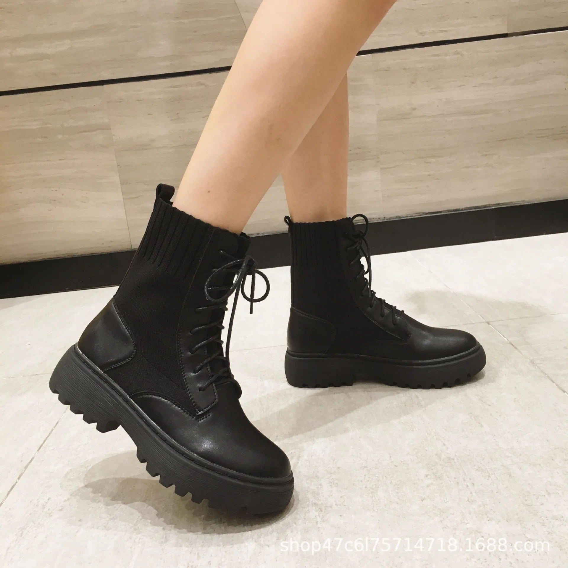 Bootee/ г. Женские ботинки на шнуровке женская низкая обувь женские ботинки с круглым носком, сабо на платформе, до середины икры, на резиновой подошве средней высоты, черного цвета, Roc