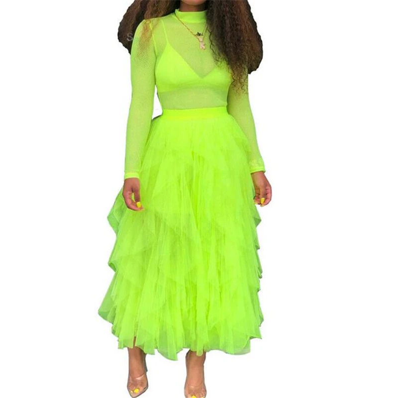 

Skirts Women Wave Irregular Layer High Waist Ruffle Skirts Elastic Waist Skirt Solid Color See Through Mesh Womens Skirt