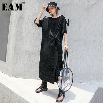 

[EAM] Women Black Knot Split Joint Big Size Midi Dress New Round Neck Short Sleeve Loose Fit Fashion Spring Summer 2020 1S061