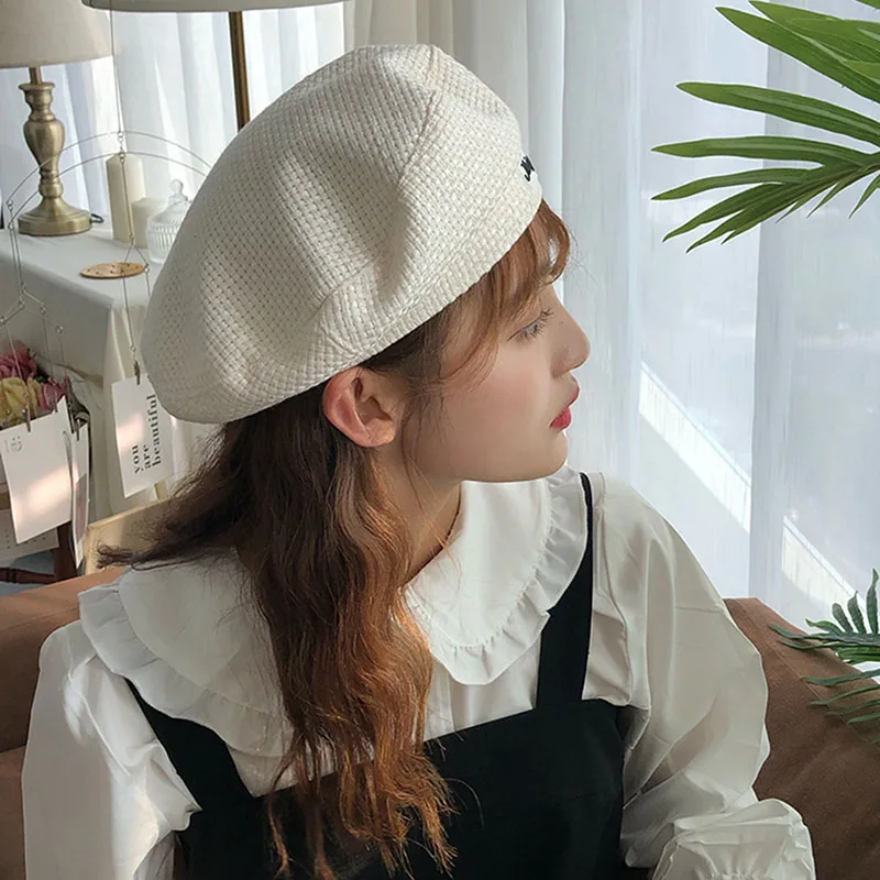 

Korean hat French Artist Wool Berets Hat For Women Female Winter Fashion Black Blue Plaid Painter Octagonal Hats Casual Caps