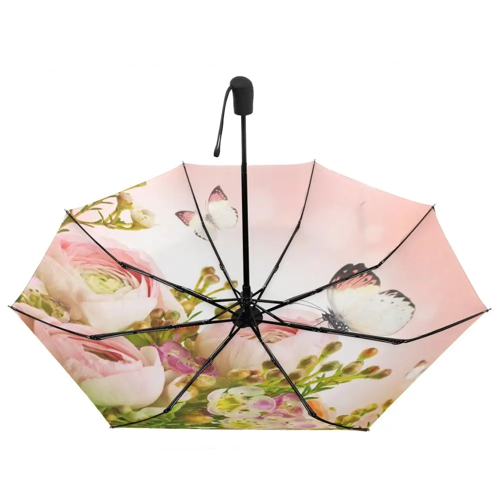 Beautiful Pink Roses and Butterfly Umbrella Rain Women Gift Three Folding Umbrellas Windproof Automatic Portable Travel Umbrella