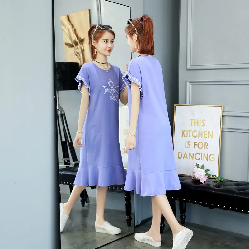 

Pregnant Women Summer Wear Dress Mid-length 2018 New Style Fashion Loose And Plus-sized Short Sleeve Printed Fishtail T-shirt Lo