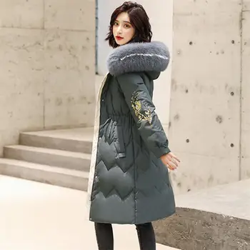 

Women 2019 Winter Hooded Warm Down Coat Real Fox Fur Collar Embroidery Parkas Female Thicken White Duck Down Long Outerwear N144
