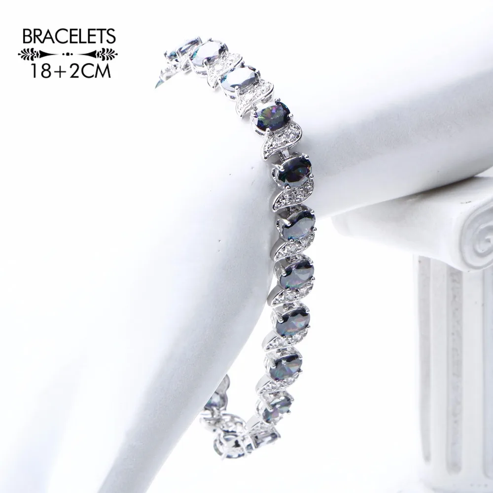 Silver Jewelry Set Natural Rainbow 925 Sterling Silver Stones Wedding Earrings Bracelet Necklace Rings For Women Gifts Box