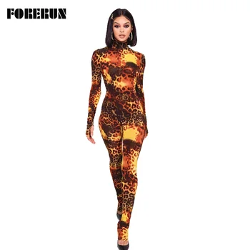 

FORERUN Rompers Womens Jumpsuit Leopard Jumpsuits with Gloves Sexy Bodycon Print Turtleneck Long Sleeve Overalls Ropa Mujer