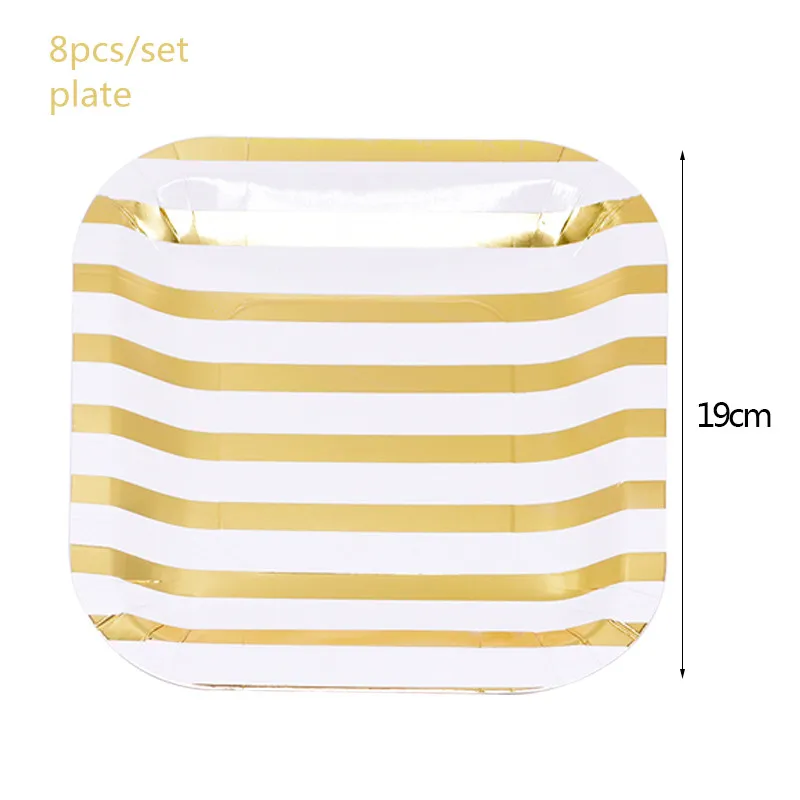 8Pcs plate B01 Одноразовые наборы посуды в золотую полоску, шеврон, бумажный стаканчик, тарелка, соломинка для свадьбы, дня рождения, украшения, новогодние, праздничные, вечерние, столовые приборы - Цвет: 8Pcs plate B01